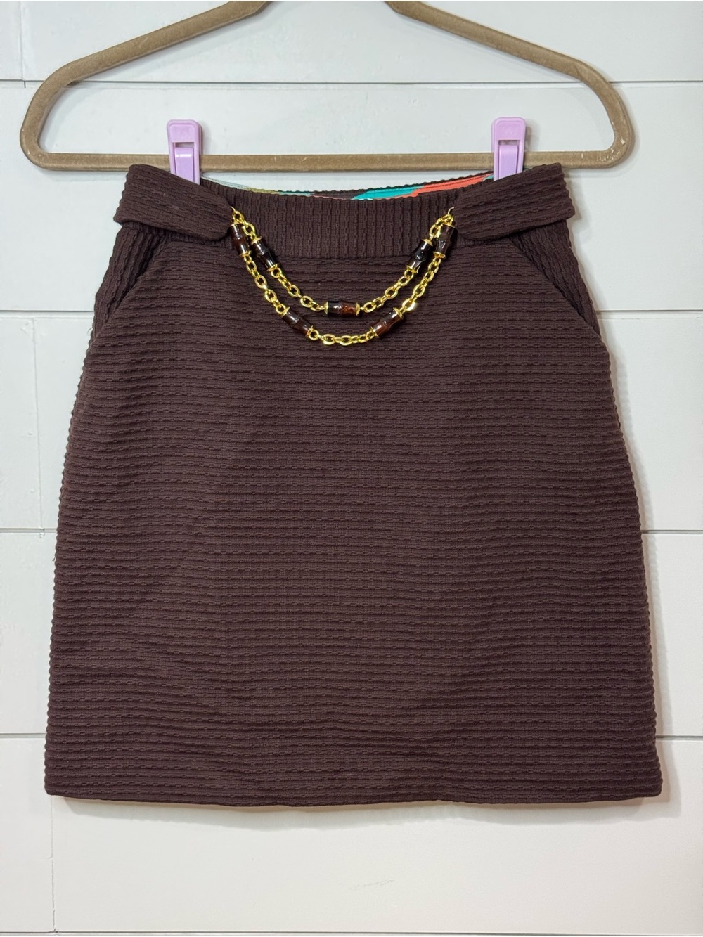 Vintage Milly of New York Y2K Brown Ribbed Mini Skirt w/ Gold Chain Size 0